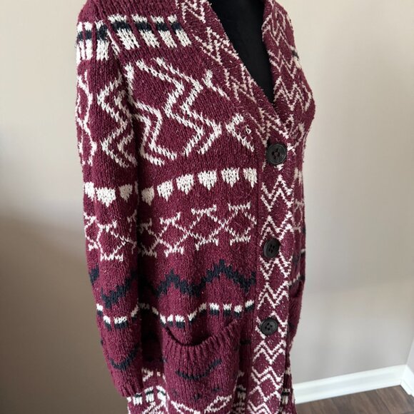 J. Jill Burgundy Aztec Long Cardigan Coatigan Oversized Buttons Small - Picture 5 of 10
